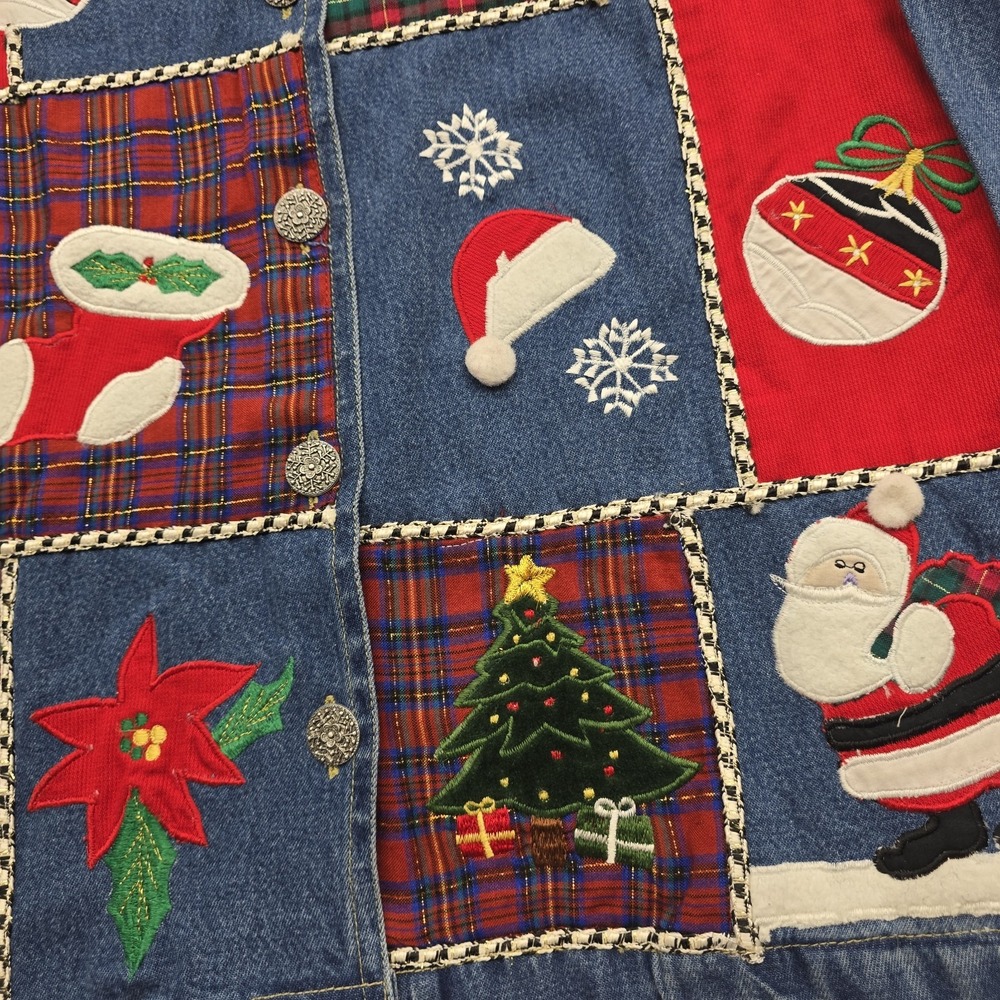 Vintage 90s Tantrums Christmas Denim Jacket Womens S Patchwork Santa NWT - Picture 2 of 8